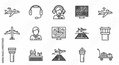 Set of Airport and Aviation Outline Icons on Isolated White Background
