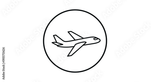 Streamlined airplane icon inside a circle, representing air travel, global transport, and logistics, isolated white background.