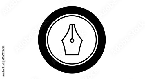 Classic fountain pen nib icon in a black circle, symbolizing writing, creativity, and education, isolated white background.