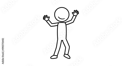 Cheerful stick figure with arms raised, expressing happiness and excitement, isolated white background.