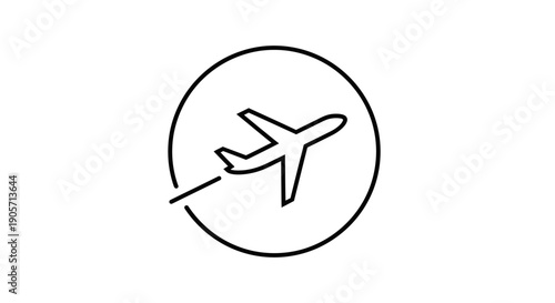 Airplane icon inside a circle with a flight path line, symbolizing air travel and global transportation, isolated white background.