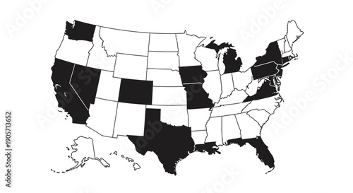 Map of the United States with selected states highlighted in black, isolated white background.