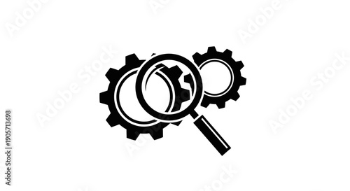 Magnifying glass over two connected gears, symbolizing search, analysis, and system optimization, isolated white background.
