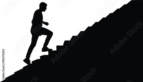 Man climbing stairs up steep hill with effort and determination outside