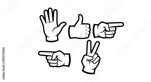 Set of Diverse Hand Gestures for Communication, Approval, and Direction on Isolated White Background