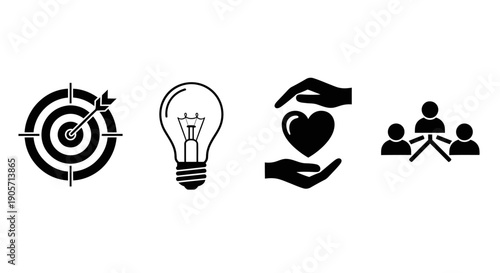 Business Goals, Creative Ideas, Caring Values, and Teamwork Icons on Isolated White Background