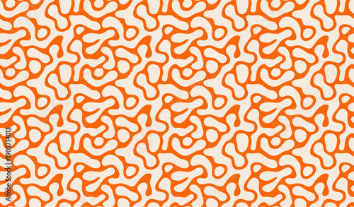 An abstract pattern featuring organic, amoeba-like shapes in orange and cream.