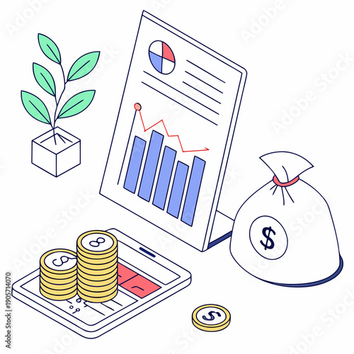 Digital wealth tracking scene with coins and graph on tablet