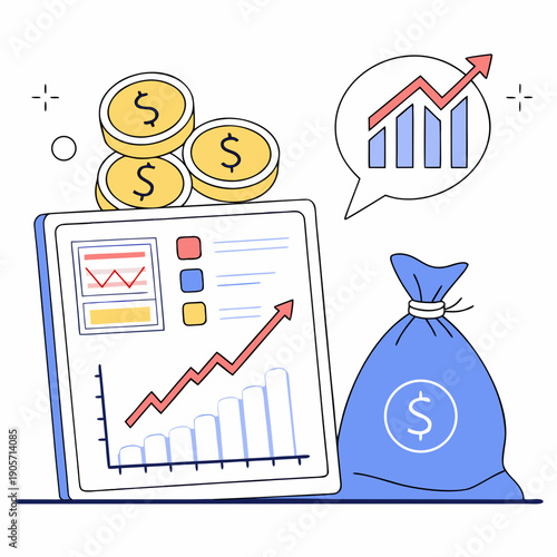 Digital wealth tracking scene with coins graph and money bag