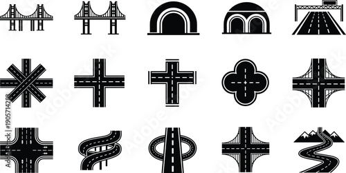 Black road infrastructure icons set including bridges tunnels highways intersections isolated on white background, cad drawing flat vector illustration