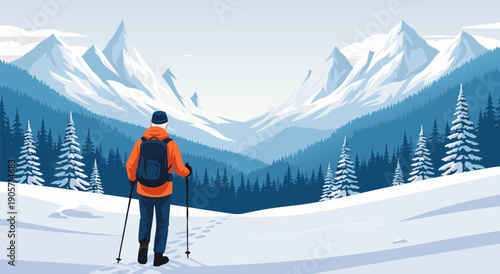 Scenic winter mountain landscape vector illustration of a person hiking through snow-covered terrain with pine trees and vast mountain ranges