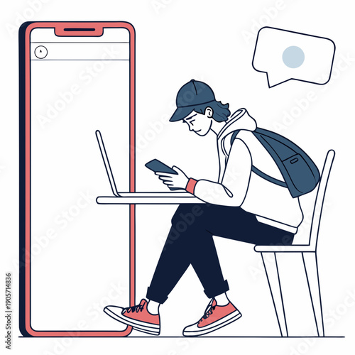 Person sitting with laptop and phone next to large smartphone