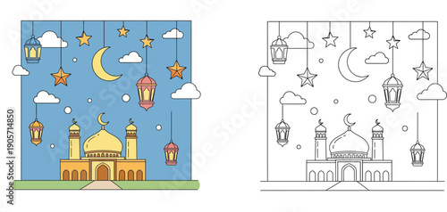 Ramadan Kareem vector illustration set with mosque, lanterns, moon and stars in flat color and outline style for coloring book page and Islamic holiday greeting card background.