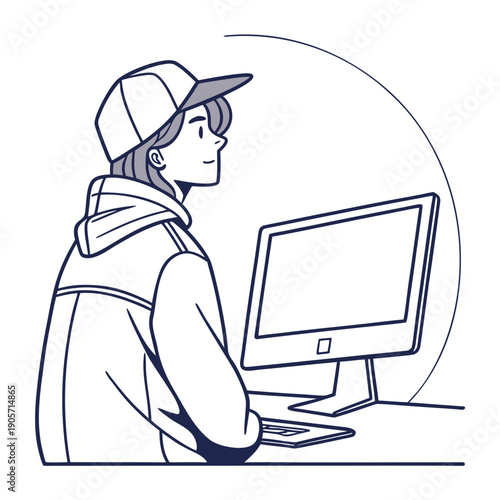 Person wearing cap sitting at computer with blank screen