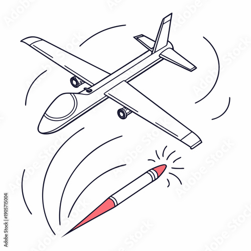 Aerial drone firing missile in flight airplane