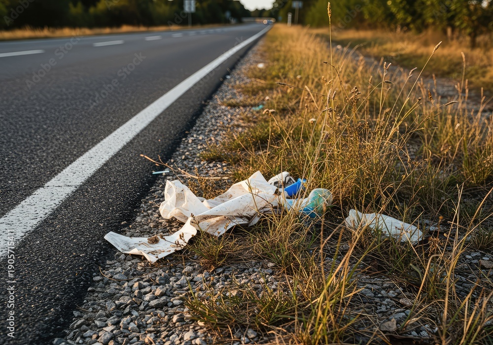 Obraz premium Close up shot of scattered trash, including plastic and crumpled paper, strewn carelessly among dry weeds and gravel at the edge of a busy road shoulder ,paper ,cleanup ,shoulder