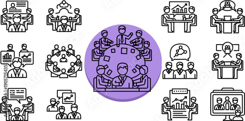 Set of minimalist linear icons showing business people in various meeting and presentation scenarios