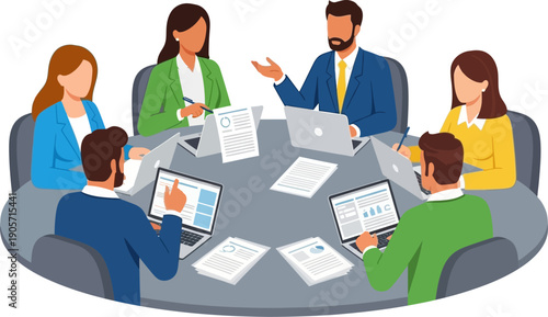 Professional business team sitting at round table during corporate office meeting with laptops and documents