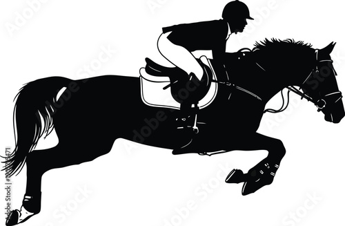 Equestrian rider skillfully jumps with horse in mid-air outdoor event competition