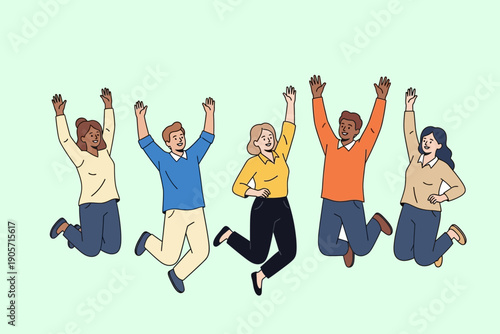 Happy diverse multiracial people jumping up with raised hands celebrating success and freedom on light green background