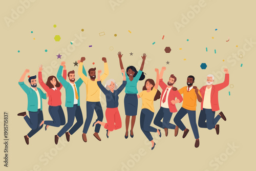Excited office team jumping for joy celebrating successful project achievement and teamwork