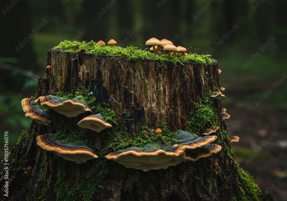 Fototapeta premium Close view of a rotting wooden tree stump overtaken by colorful mushrooms and dense moss, illustrating forest decomposition ,ecosystem ,log ,wild