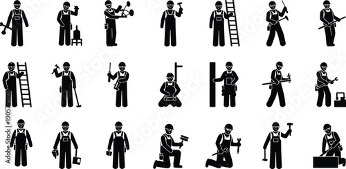Construction worker icon set with handyman builder repair tools labor silhouettes industrial job vector illustration collection