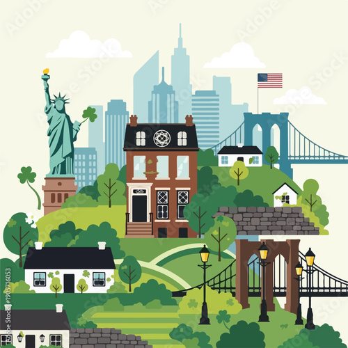 Illustration of a stylized landscape with iconic landmarks and buildings celebrating Irish-American Heritage Month in a vibrant, colorful cityscape with lush greenery and a subtle cloudy
