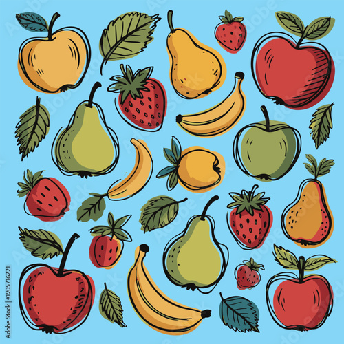 A vibrant seamless background pattern featuring a fresh variety of colorful fruits and berries arranged in a continuous repeat design