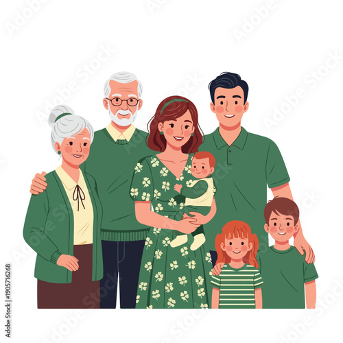 Illustration of a multi-generational family wearing green to celebrate Irish-American Heritage Month standing together on a white background with a joyful mood.