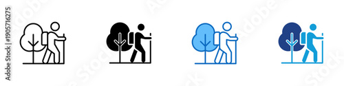 Hiking Trail Multiple Style Icon Design Vector - Hiker walking beside trees representing outdoor recreation, nature exploration, and eco tourism activity