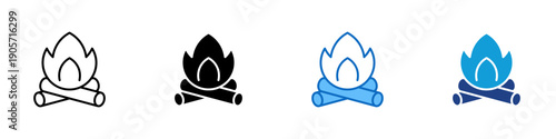 Campfire Multiple Style Icon Design Vector - Campfire with burning logs representing outdoor camping, warmth source, and wilderness cooking