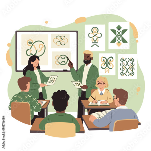 Illustration of a diverse group of students and teachers celebrating Irish-American Heritage Month in a classroom setting with educational Celtic knotwork designs on the board and walls.