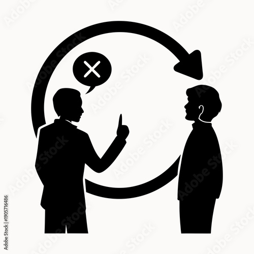 Silhouetted businessmen engaged in disagreement with circular gesture