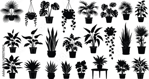 Indoor plant icon set potted hanging houseplants silhouette black white botanical decor vector illustration collection