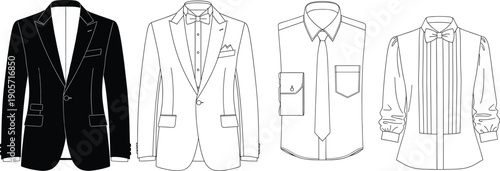 Black Line Art and Silhouette Illustration Set of Men’s Formal Business Attire Featuring Tuxedo Blazers Dress Shirts with Bow Ties and Neckties for Wedding and Professional Fashion Design