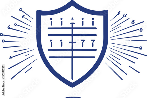 Minimal vector line illustration of a shield icon emitting numeric code signals, two-factor authentication security concept, clean UI icon style