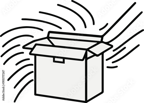 Vector line art of a delivery box emitting movement signal lines, order shipped notification concept, black outline only, flat design 1