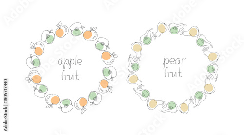Hand-drawn fruits. Pear, apple. Whole, halved, and sliced. Set of round frames, banners with hand-lettering. Outline drawing, line art.