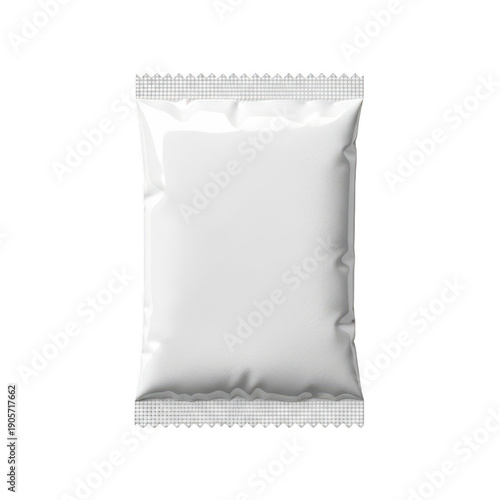 A white sealed plastic bag on a white background with visible packaging details. isolated on transparent background