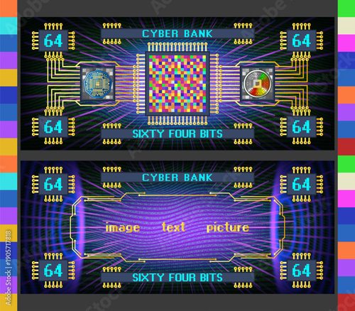 Vector obverse and reverse of futuristic abstract electronic banknote. Digital money. Cyber bank, denomination 64 bits. Bright glowing radiant screen. Graphic computer chip, pixels. Sample