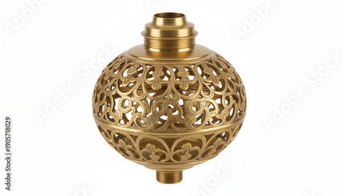 Ornate golden oil lamp reservoir with intricate floral patterns for decorative lighting copy space