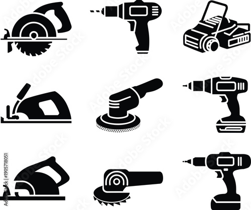 Power tools icons set, electric drill saw sander silhouettes, construction equipment symbols, woodworking repair illustration collection, isolated black vector