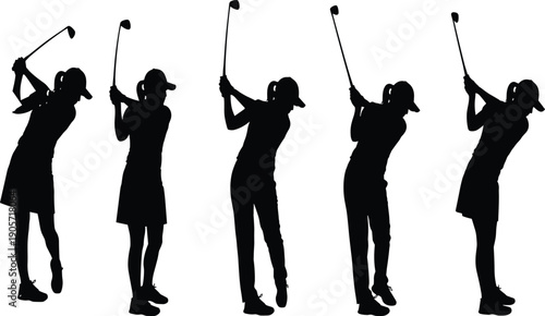 Black silhouette collection of professional female golfers in various swing poses and athletic stances isolated on a clean white background