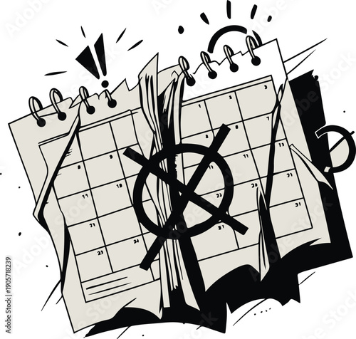  Minimal black and white line art of overlapping calendar pages emitting warning signals, scheduling conflict concept, monoline stroke