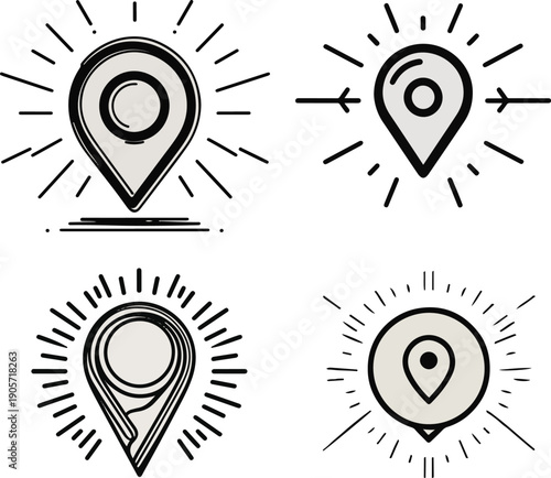 Minimal line art of a GPS pin emitting permission check signals, app location access request concept, black monoline stroke