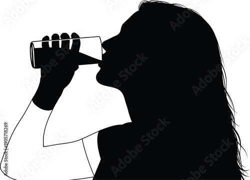 Woman drinking from a glass with long hair in a simple black silhouette illustration