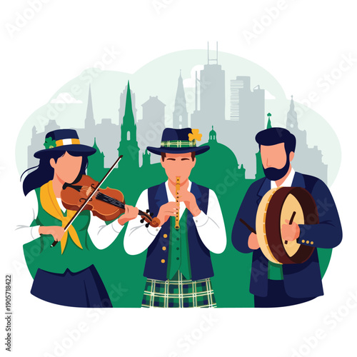 Illustration of a musical band celebrating Irish-American Heritage Month with a woman playing violin, a man playing flute and another man playing bodhran against a city skyline background