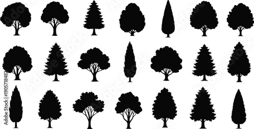 Tree silhouette collection with various forest deciduous pine cypress shapes isolated black nature vector illustration set