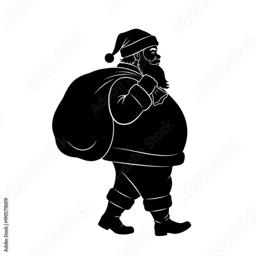 Silhouette Santa walking right with hat, beard and sack in minimalist black illustration